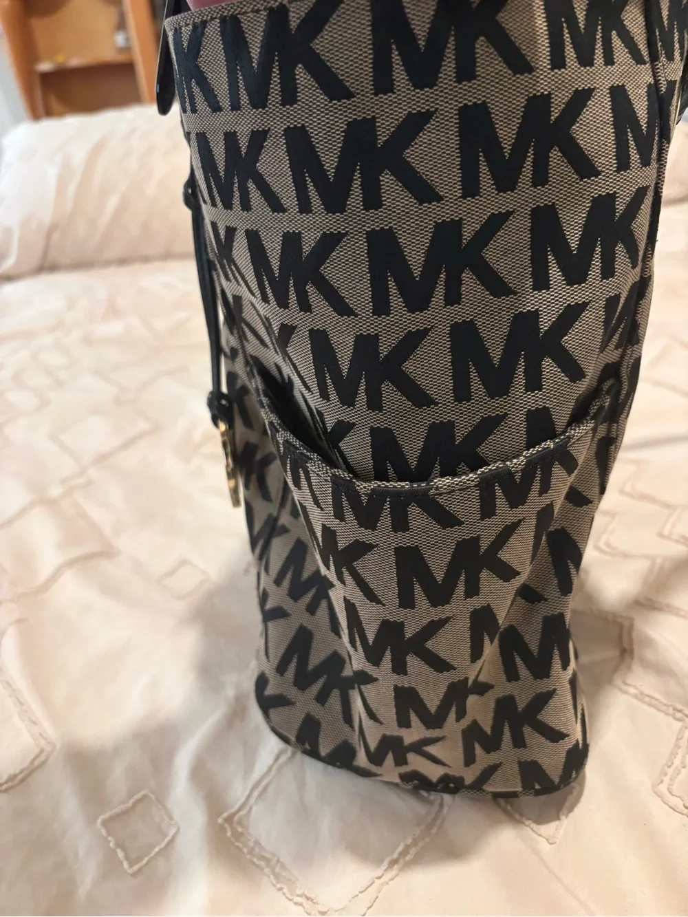 Michael Kors Tan and Black MK Logo Tote with Black Handles